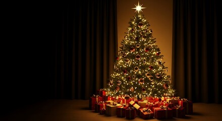 Beautifully Decorated Christmas Tree with Glowing Lights and Presents.