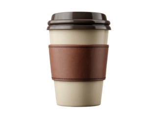 A brown-capped, beige travel mug with a brown textured band