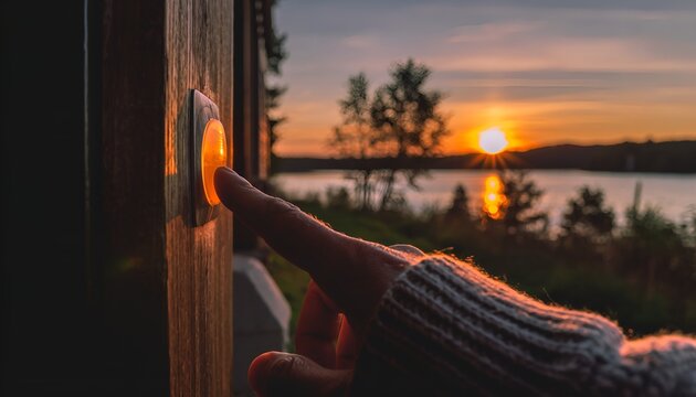Golden hour moment A gloved hand reaching to press a luminous button, bathed in the tranquil light of a beautiful lakeside sunset