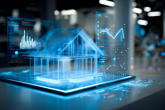 Holographic model displays a modern house with interactive design elements and data visualization