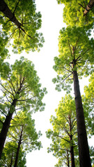 Fototapeta premium Lush green trees tower overhead, creating vibrant canopy against clear sky. Sunlight filters through leaves, enhancing serene atmosphere