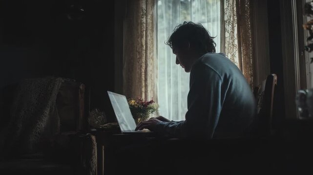 Solitary man uses a laptop in a dark, cozy room, illuminated by natural light from a window. The scene evokes remote work, concentration, and introspective mood
