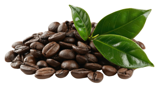 A pile of roasted coffee beans with fresh green leaves