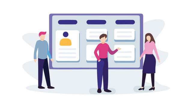 Diverse team of people collaborating around a digital display showcasing user profiles and project information