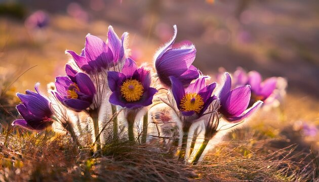 Purple Pasqueflowers Lose Up Outdoors In Sunlight Pulsatilla Patens Eastern Pasqueflower Spreading Anemone Fluffy Spring Flowers With Purple Petals And A Yellow Center Vertical Purple Flowers - Powered by Adobe