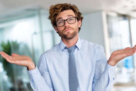 A businessman shrugs lightly, showing uncertainty or a casual reaction to a question or outcome.