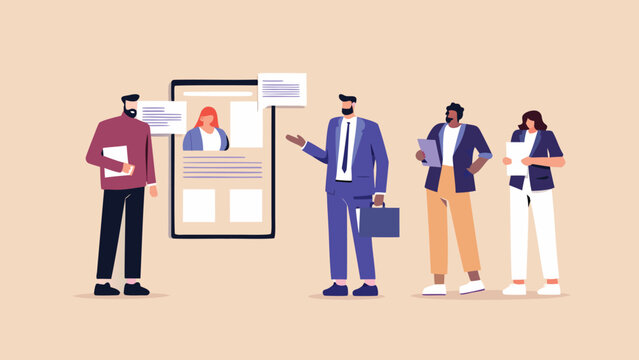 Diverse team of professionals reviewing candidate profiles on a digital screen during a business meeting or recruitment process - Powered by Adobe