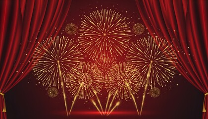 Dazzling golden fireworks illuminate a grand stage behind luxurious red velvet curtains, setting the scene for a spectacular festive event