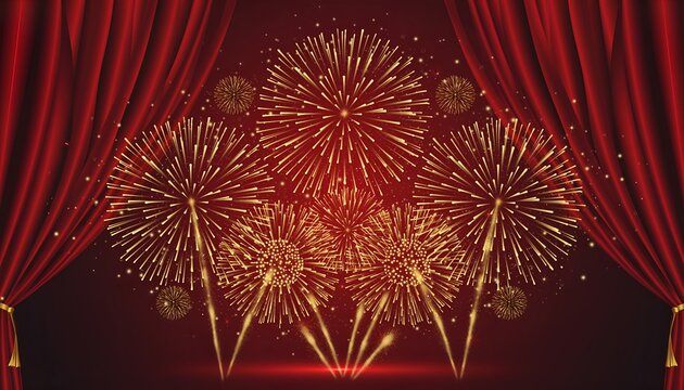 Dazzling golden fireworks illuminate a grand stage behind luxurious red velvet curtains, setting the scene for a spectacular festive event