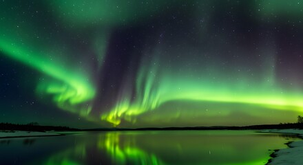 Ethereal Green Aurora Borealis Dances Above Reflective Arctic Lake Under Starry Night Sky.