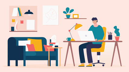 A man works on his laptop at a desk in a cozy room with a sofa and shelves decorated with plants and art
