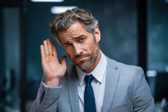 A businessman shakes his head slowly, expressing disapproval or disagreement in a meeting scenario.