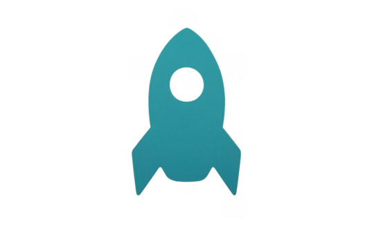 Turquoise rocket icon moving upwards, representing startup launch, innovation, and business growth on a transparent background