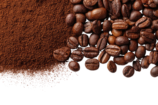 Close-up view of roasted coffee beans and ground coffee