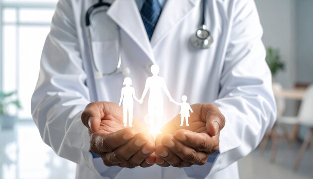 Healthcare professional in white coat with stethoscope holds glowing icon of a family. Warm lighting and open hands symbolize protection, care, and commitment to family health and well-being.