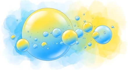 Abstract watercolor background with blue and yellow bubbles, isolated on white background