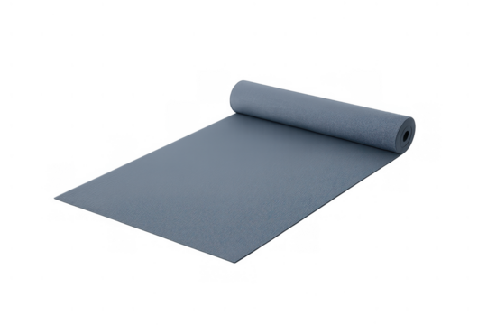 Blue anti-slip yoga mat partially unrolling for fitness, exercise, and wellness activities, ready for use on a transparent background