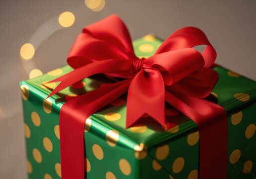 A Christmas gift wrapped in green and gold polka dot paper with a red ribbon bow. Festive holiday present with bokeh lights in the background