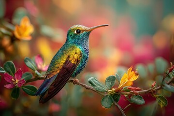 Obraz premium Exotic colibri hummingbird perched gracefully on a vibrant tropical flower in a lush garden setting