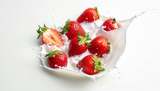Group of vibrant red strawberries with green tops splashing into milk or cream. Mid-motion capture emphasizes freshness, contrast, and dynamic appeal in a delicious food concept. - Powered by Adobe