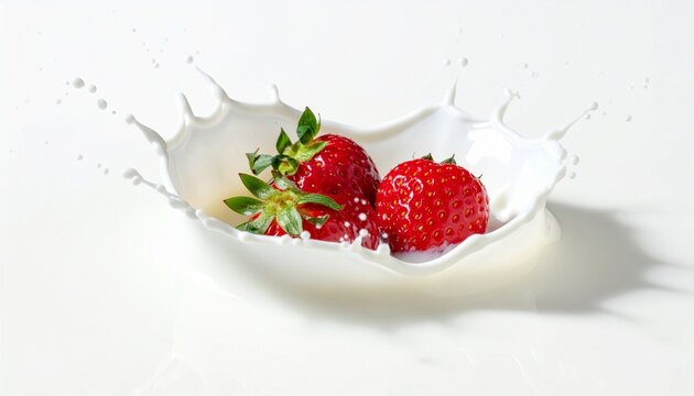 Group of vibrant red strawberries with green tops splashing into milk or cream. Mid-motion capture emphasizes freshness, contrast, and dynamic appeal in a delicious food concept.