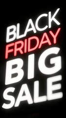 Blurred white and red ‘BLACK FRIDAY BIG SALE’ text glowing on black background, vertically oriented