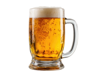 Refreshing golden lager with foamy head in a clear glass mug