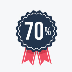 Seventy percent discount badge with red ribbon, isolated on white background