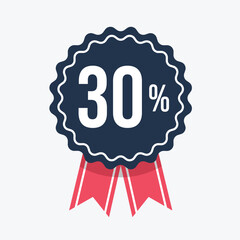 Dark blue badge with scalloped edges and red ribbons, displaying 30 in large white numbers, isolated on white background