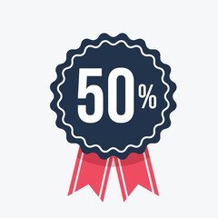 Fifty percent discount badge with red ribbon, isolated on white background