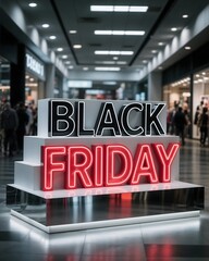 BLACK FRIDAY neon sign on tiered display inside busy shopping mall