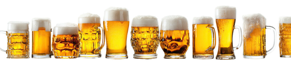 Diverse beer mugs filled with foamy golden beverage