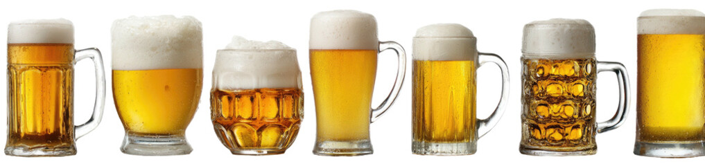 Seven cold, frothy beers in glass mugs