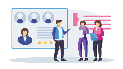 Team members discussing candidate profiles and performance ratings on a digital screen during a meeting or presentation