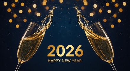 Two champagne glasses clinking together with golden bubbly liquid and sparkling lights celebrating the new year 2026