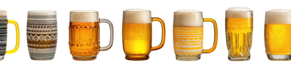 Assortment of foamy beer mugs and glasses