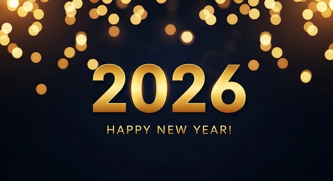 Golden 2026 happy new year text with bokeh lights and dark background for celebration