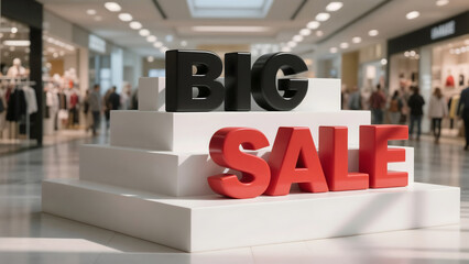 3D bold ‘BIG SALE’ text on tiered display podium in shopping mall