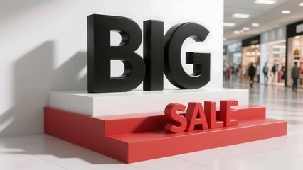 Black ‘BIG’ and red ‘SALE’ 3D text on tiered display stand in shopping mall
