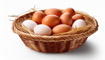 Wicker Basket Of Fresh Eggs With Nest Like Straw Base Isolated On A Transparent Background