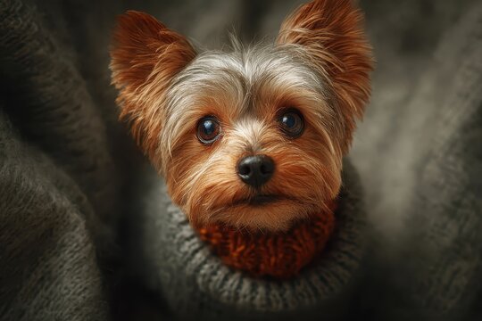Yorkshire terrier wrapped in a cozy sweater showing a curious expression while posing for a delightful close-up in a warm indoor setting