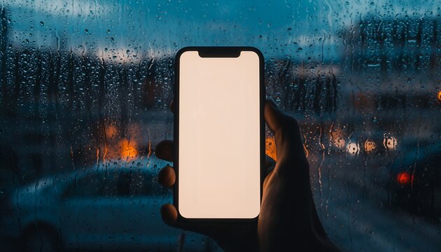 Hand holding a modern smartphone with a glowing blank white screen, set against a blurred rainy city window at night, ideal for app mockups and digital content display