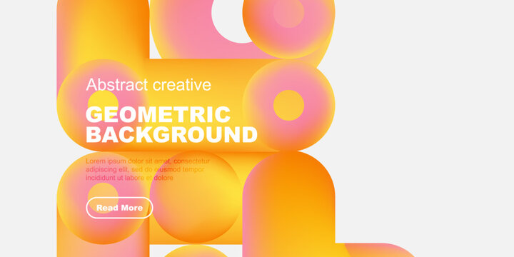 Vibrant abstract shapes overlap black space. Text promotes geometric background design, includes call to action.