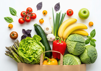 Paper grocery bag full of fresh healthy vegetables and fruits like tomatoes, asparagus, and cabbage, isolated on a white background. Top view flat lay.