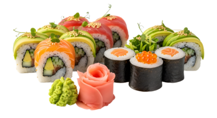 Delicious sushi roll set isolated on transparent background, served with wasabi