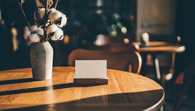 Empty wooden cafe table bathed in warm sunlight, adorned with delicate cotton in a vase and a blank display card, creating a serene and inviting atmosphere