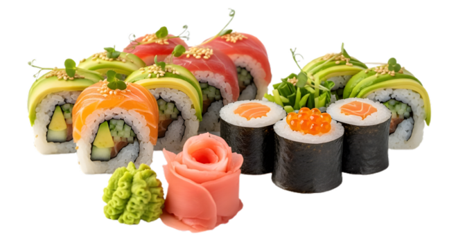Delicious sushi roll set isolated on transparent background, served with wasabi