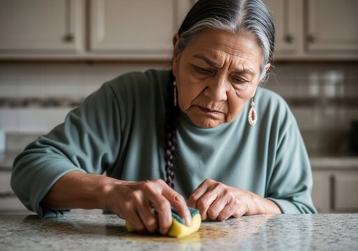 Elderly Native American woman cleaning a kitchen counter with a sponge. Senior person focused on a domestic household chore