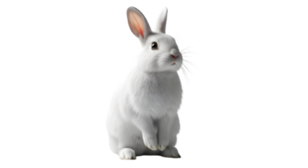 Adorable white rabbit sitting isolated on transparent background, looking at camera