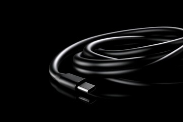 Fototapeta premium Close-up of a sleek black charging cable on a dark background, showcasing its smooth design and texture